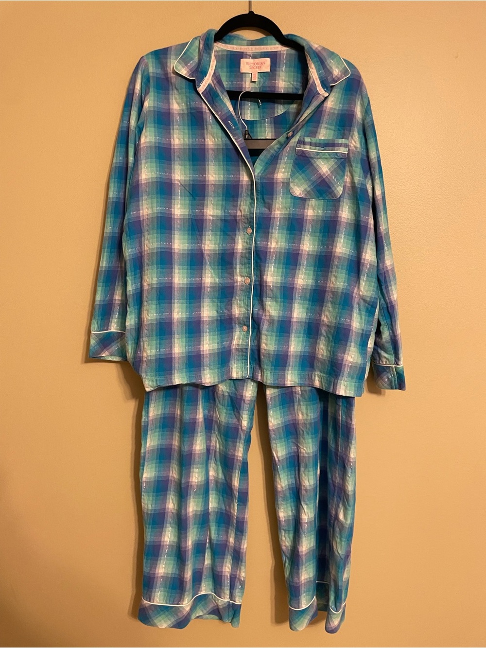 Victorias Secret Plaid Pajamas Top Pants PJ Set Size large Green Blue Sparkle